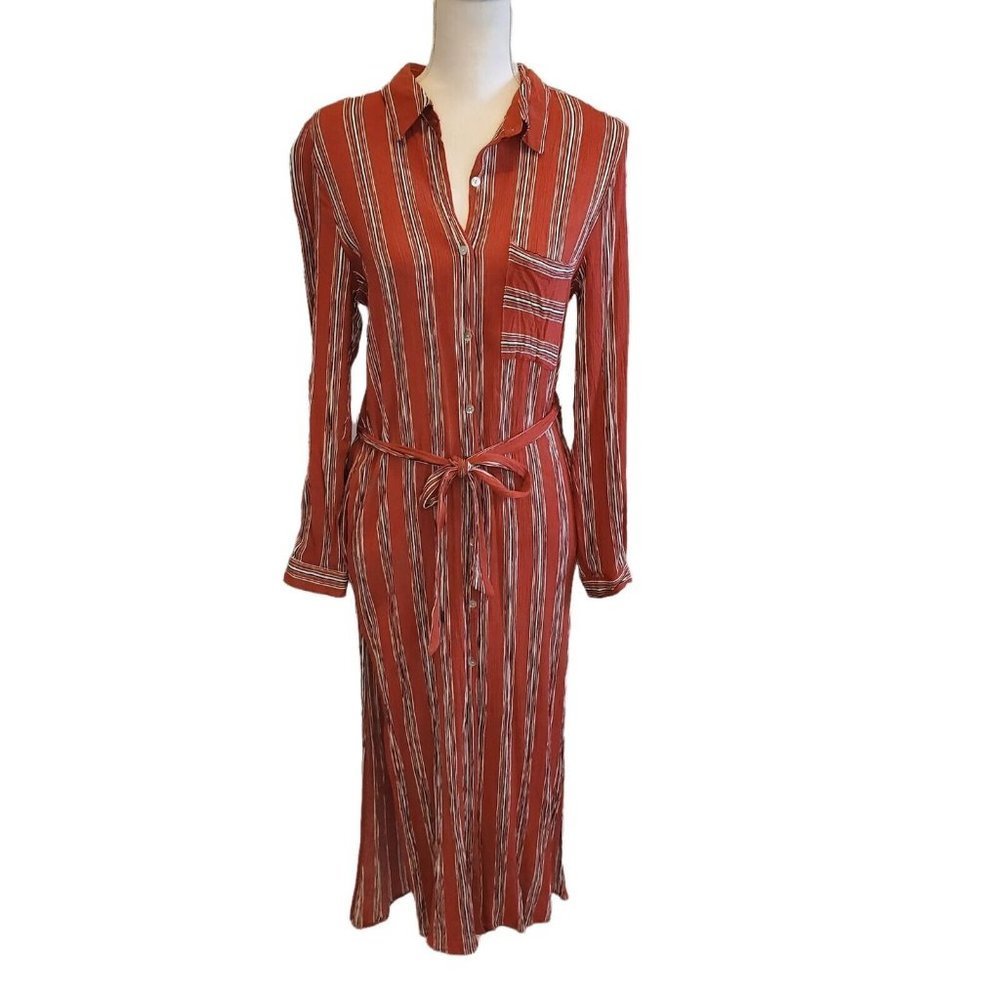 Vine & Love Rust Orange Striped Shirt Dress Midi Roll Tab Sleeve Side Slit Small